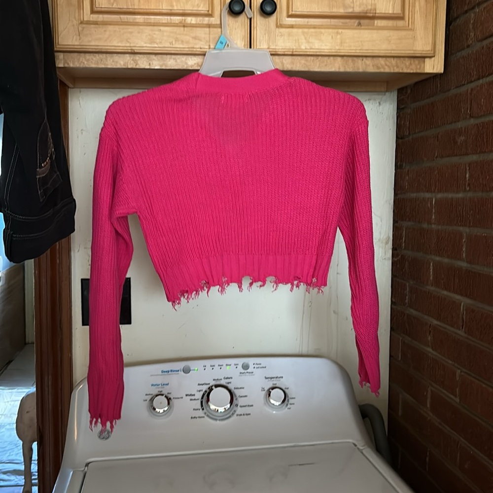 NWT No Comment Girls Fuchsia Pink Cable Knit Distressed Cardigan Sweater L (14)